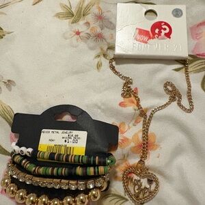 Forever 21 Gold Heart Necklace with Bracelet Set
